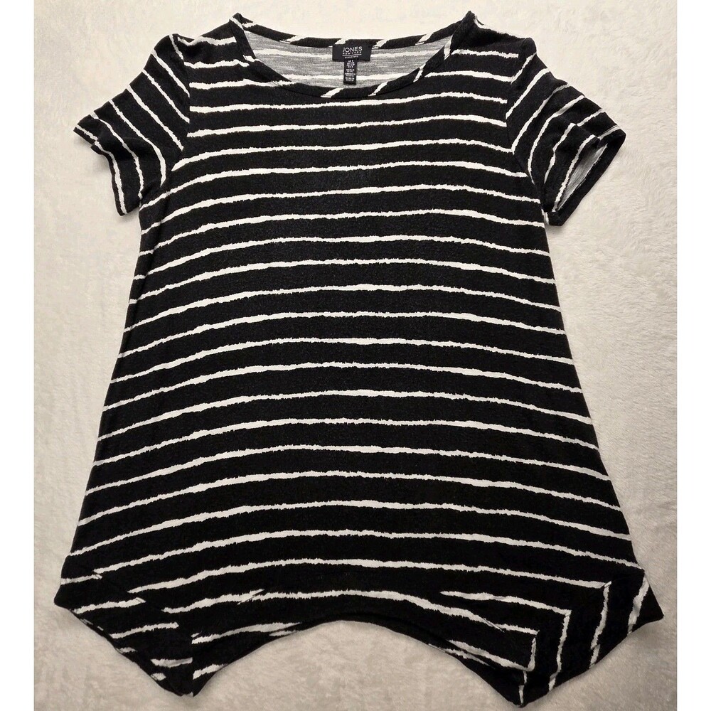 Jones New York Women Tops Small Black White Striped Round Neck Asymmetric Casual